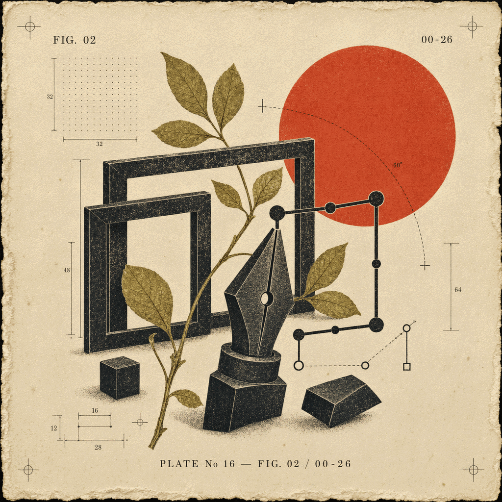 Black faceted picture-frame and vector-pen solids re-measured around a red circle with an olive branch on a warm editorial study plate