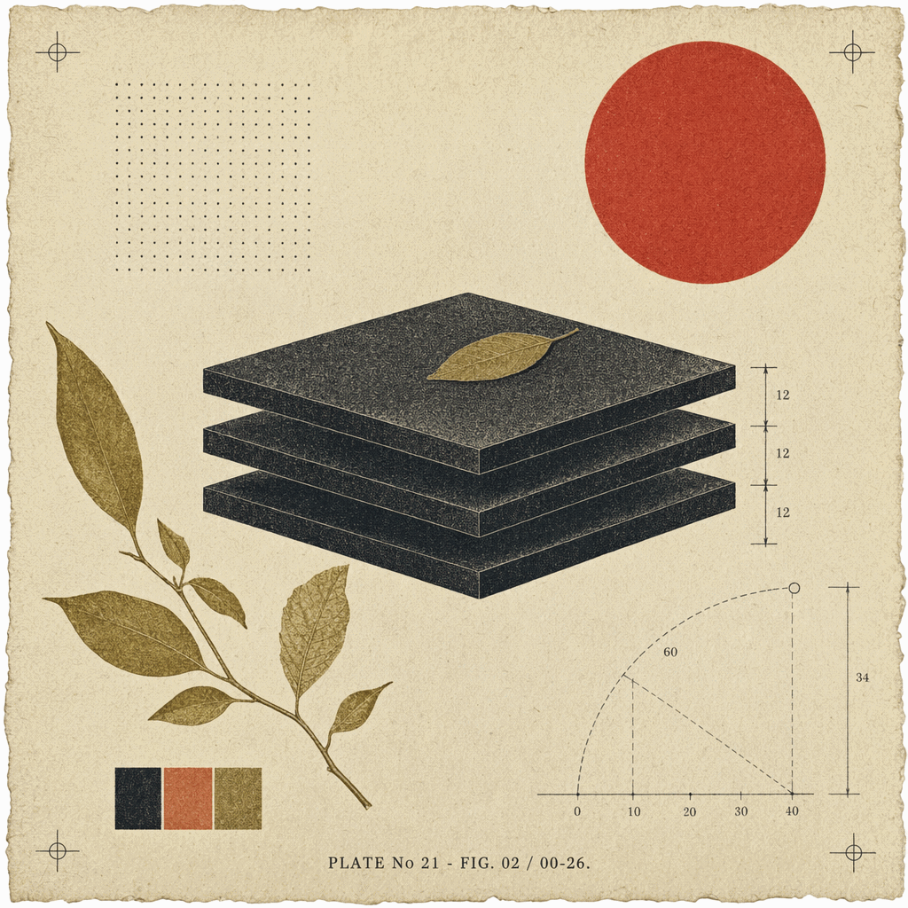 Three thin black slabs stacked with visible gaps like a layer stack in isometric, dimension ticks marking the gaps, an olive leaf on top, on a warm editorial study plate