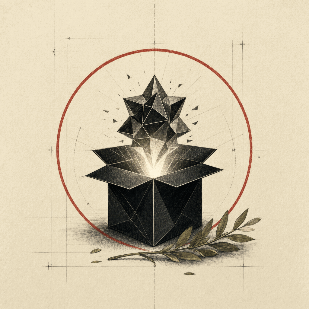 A black faceted installer box opened with a ready-made engine core rising out of it, accented by a red circle and an olive branch on a warm editorial study plate